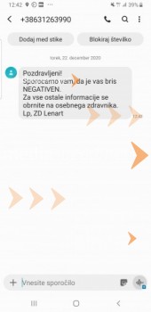 SMS sporočilo, s katerim iz ZD Lenart sporočijo, da je vaš bris na testu negativen na COVID 19